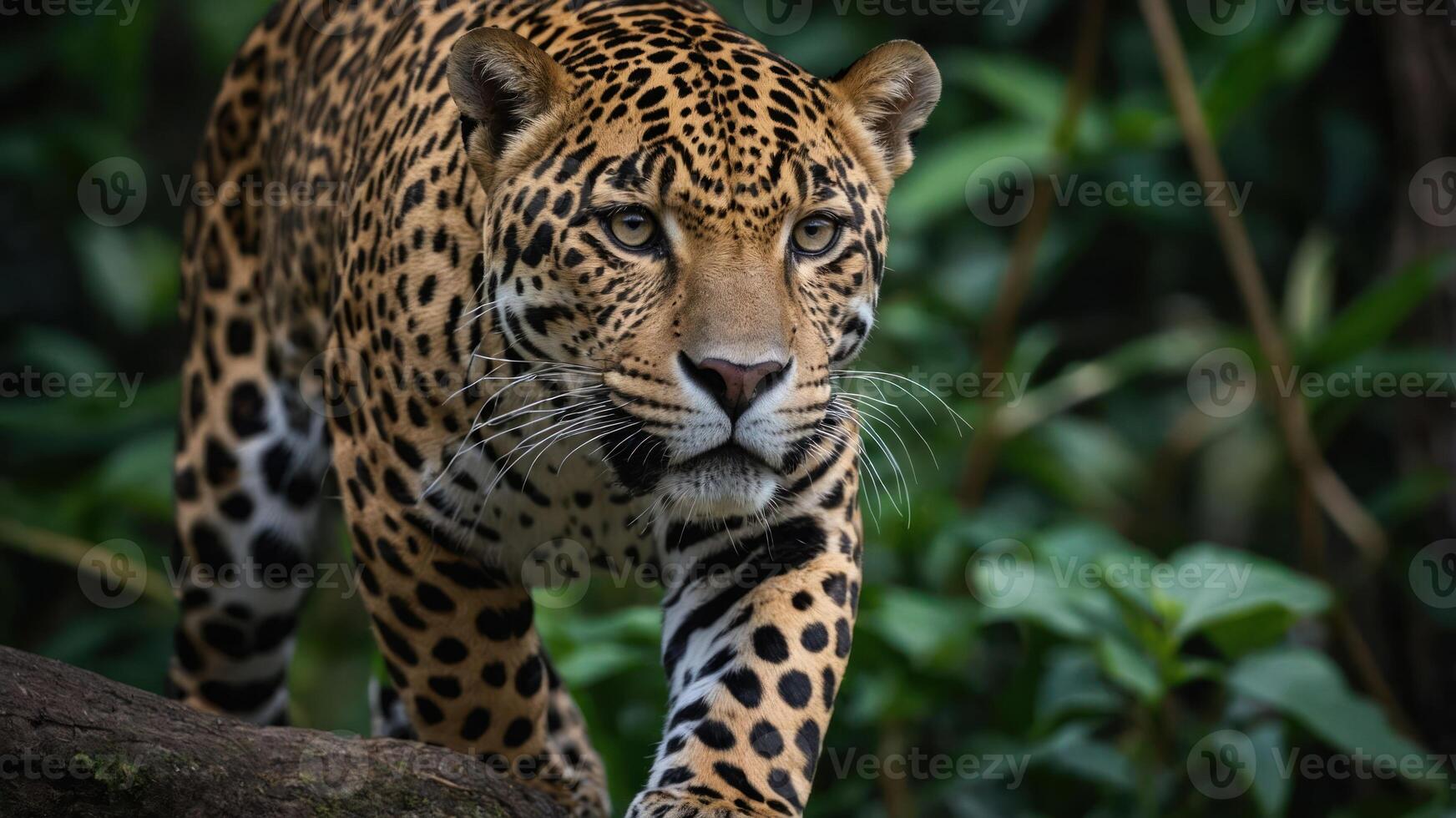 A close-up of a jaguar walking through lush greenery, showcasing its striking coat and features. photo