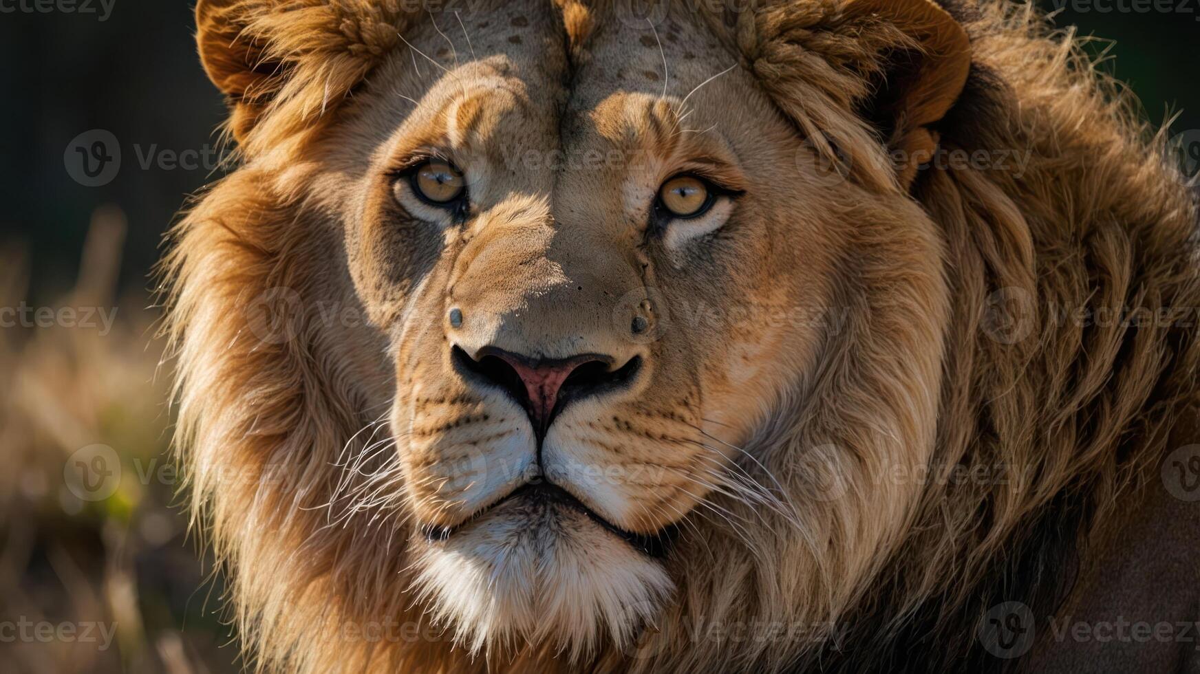A close-up of a lion's face showcasing its majestic features and intense gaze. photo