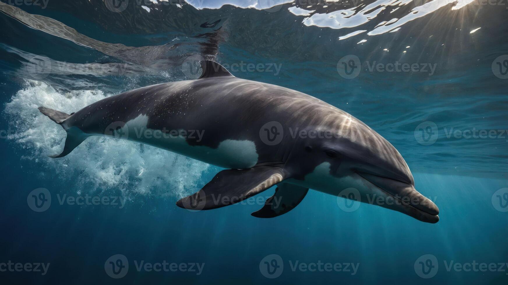 A dolphin swimming gracefully in clear ocean waters, illuminated by sunlight. photo