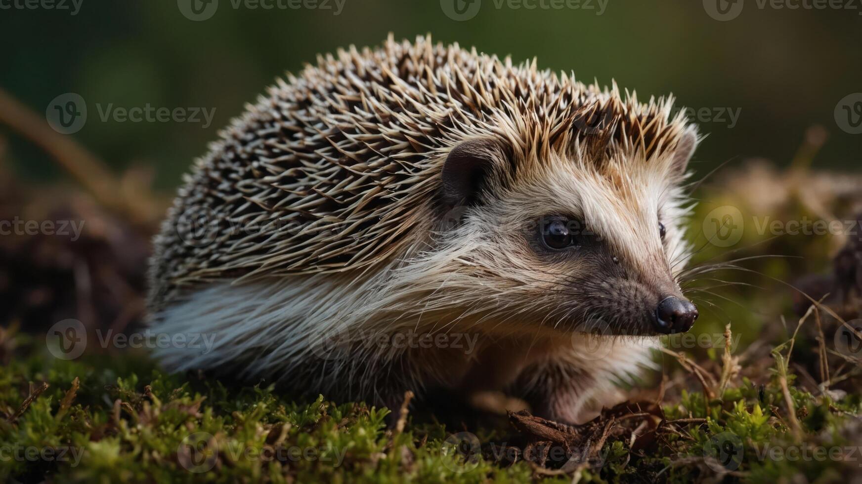 A close-up of a hedgehog on moss, showcasing its spines and cute facial features. photo
