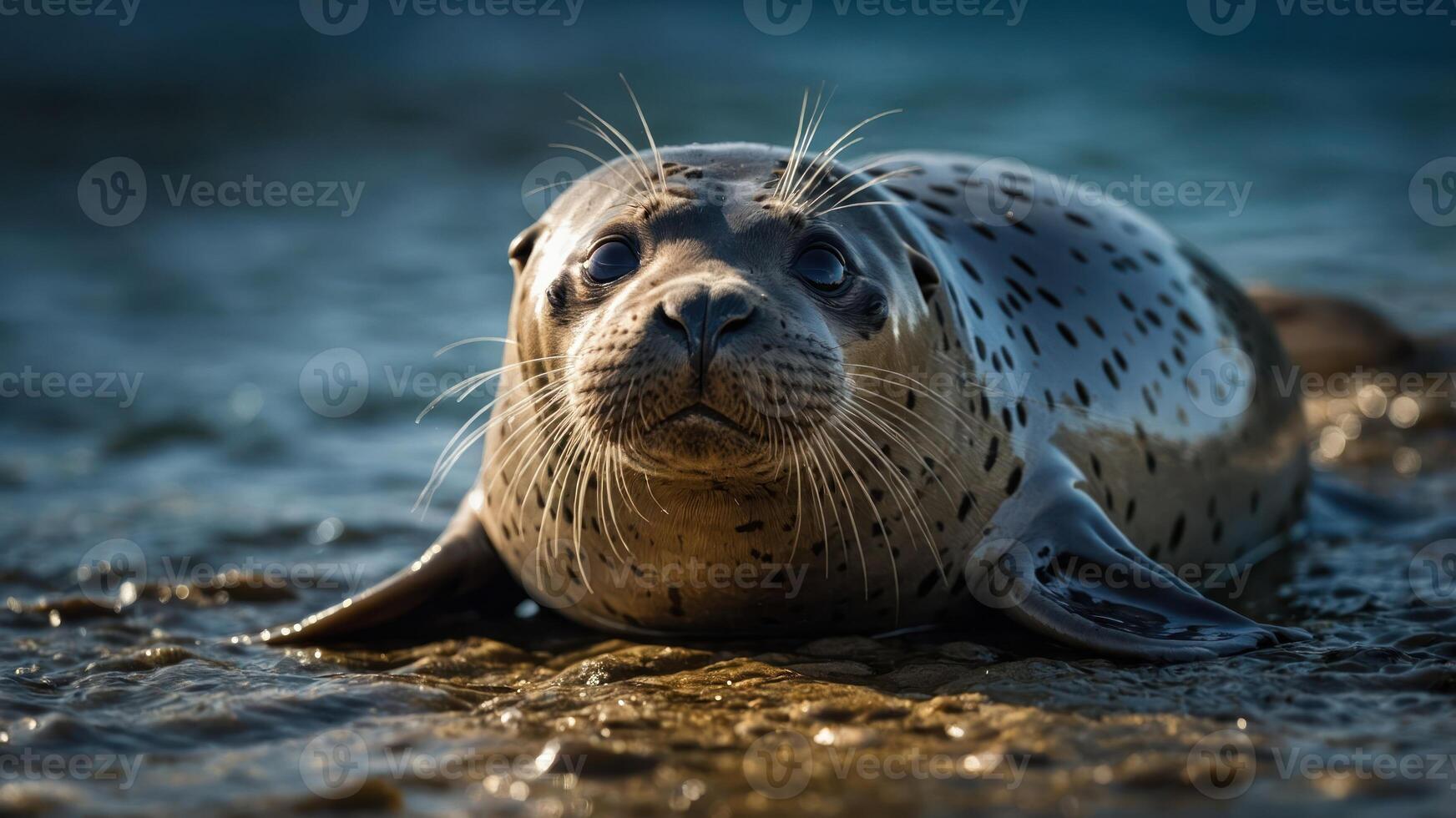 A close-up of a spotted seal resting on the shore, showcasing its curious expression. photo