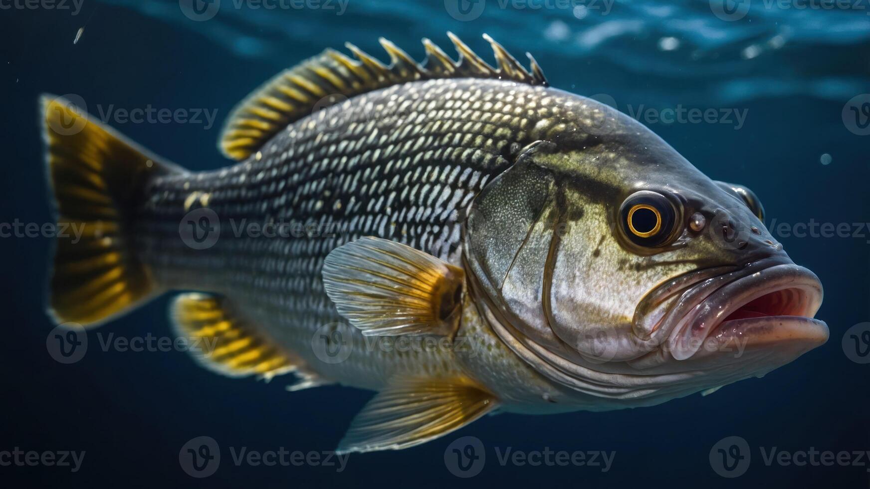 A close-up of a fish swimming underwater, showcasing its vibrant colors and details. photo