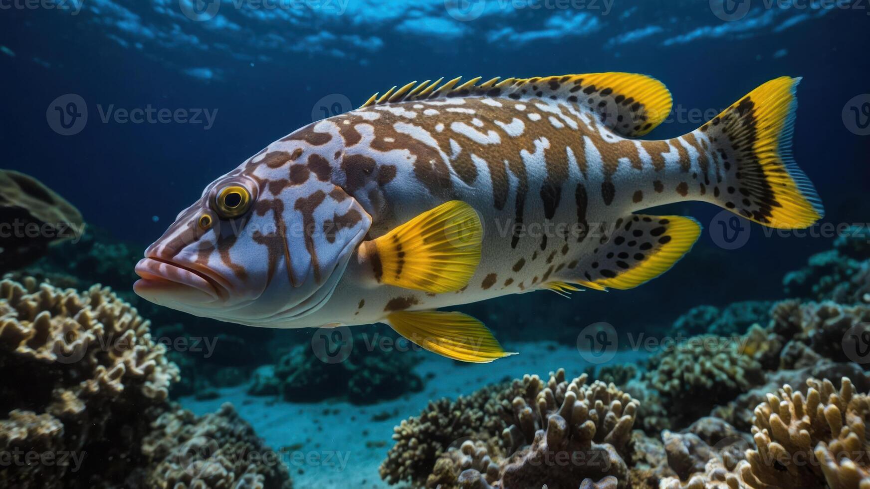 A vibrant fish swimming among coral in a clear underwater environment. photo