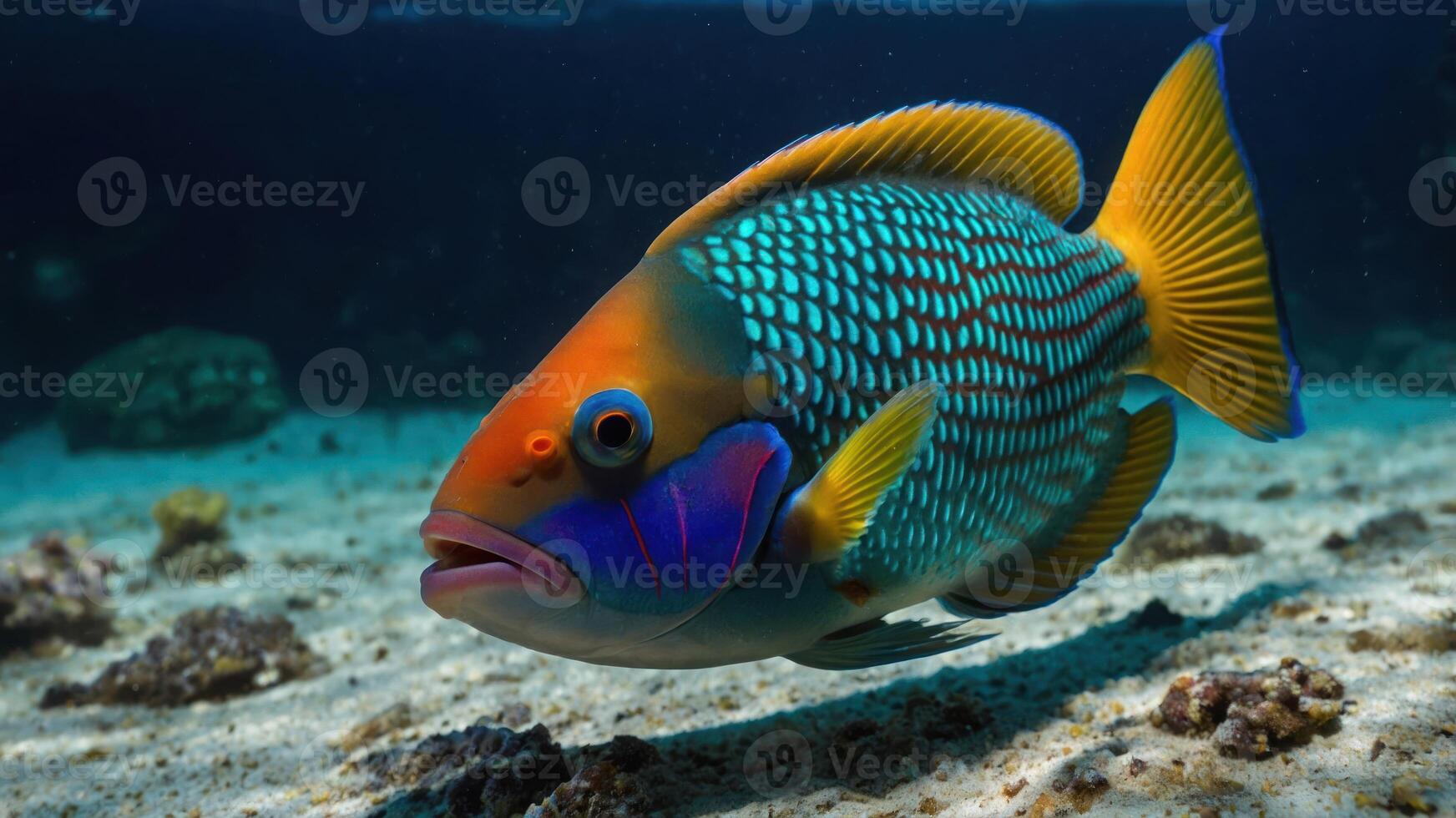 A vibrant underwater scene featuring a colorful fish swimming over sandy ocean floor. photo