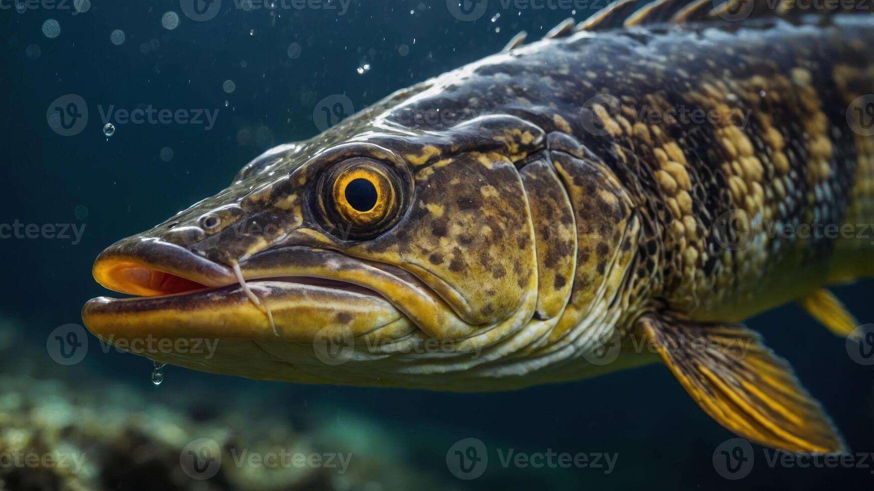 A close-up of a fish underwater, showcasing its detailed features and vibrant colors. photo