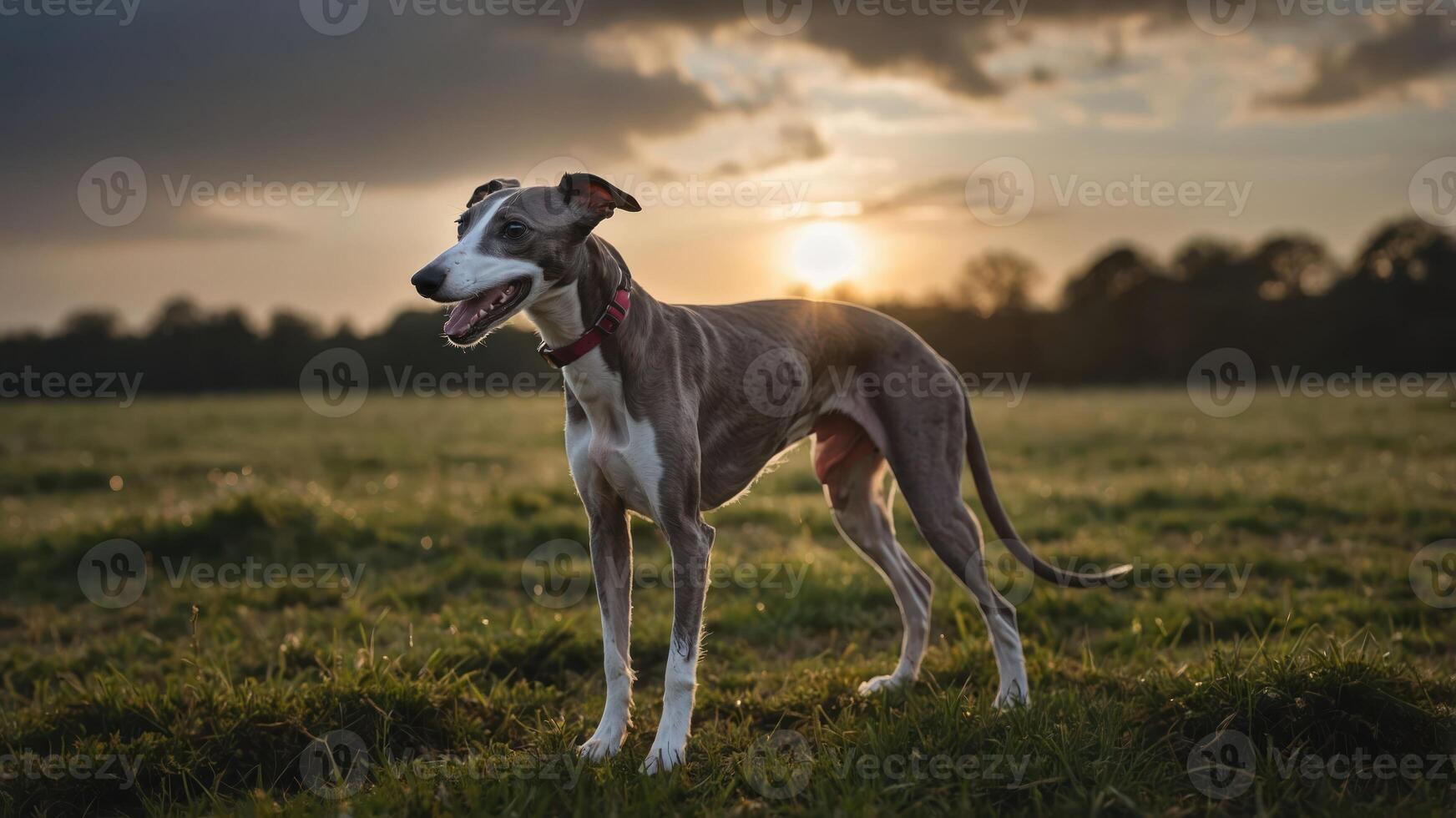 A dog stands in a field at sunset, showcasing a serene outdoor moment. photo