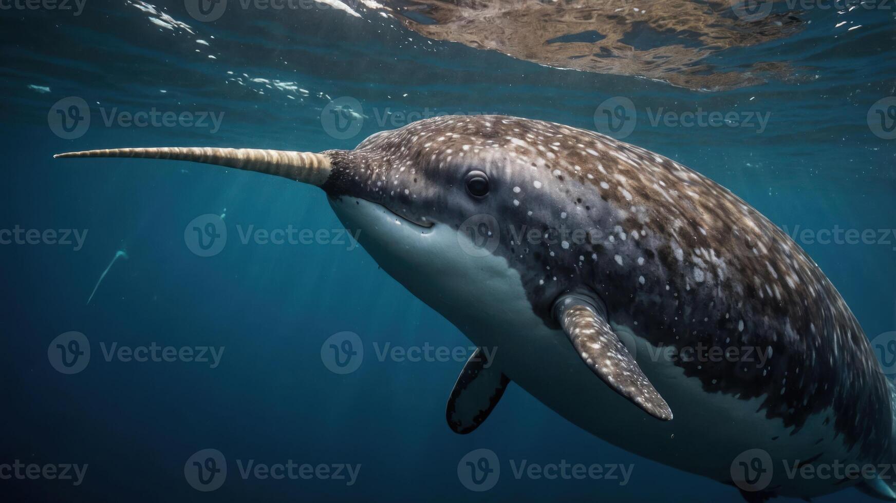 A narwhal swims gracefully underwater, showcasing its long tusk and distinctive spotted skin. photo