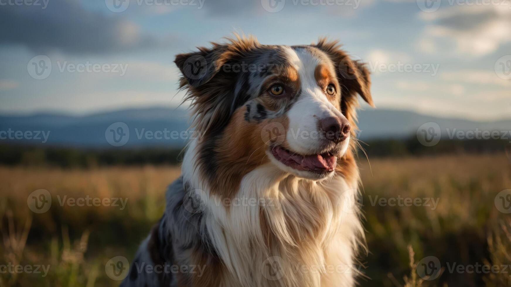 A close-up of a dog in a field during sunset, showcasing its fur and expressive eyes. photo