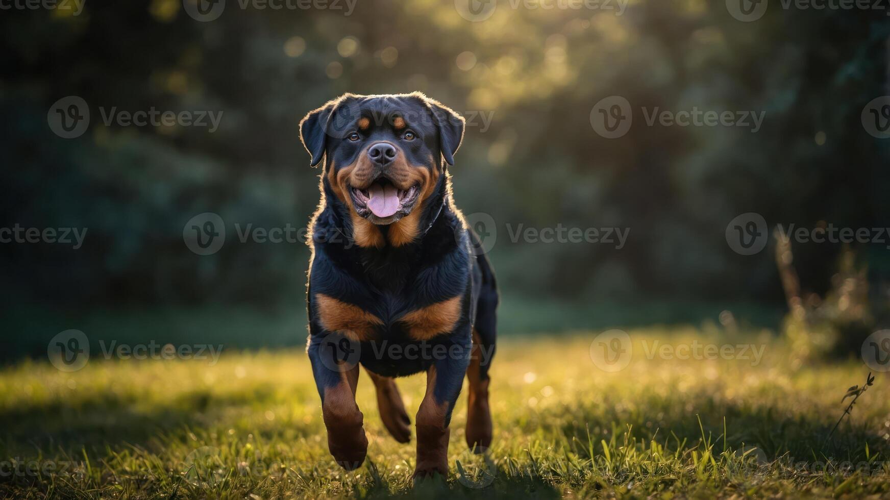 A happy Rottweiler running in a sunlit grassy field, showcasing joy and vitality. photo