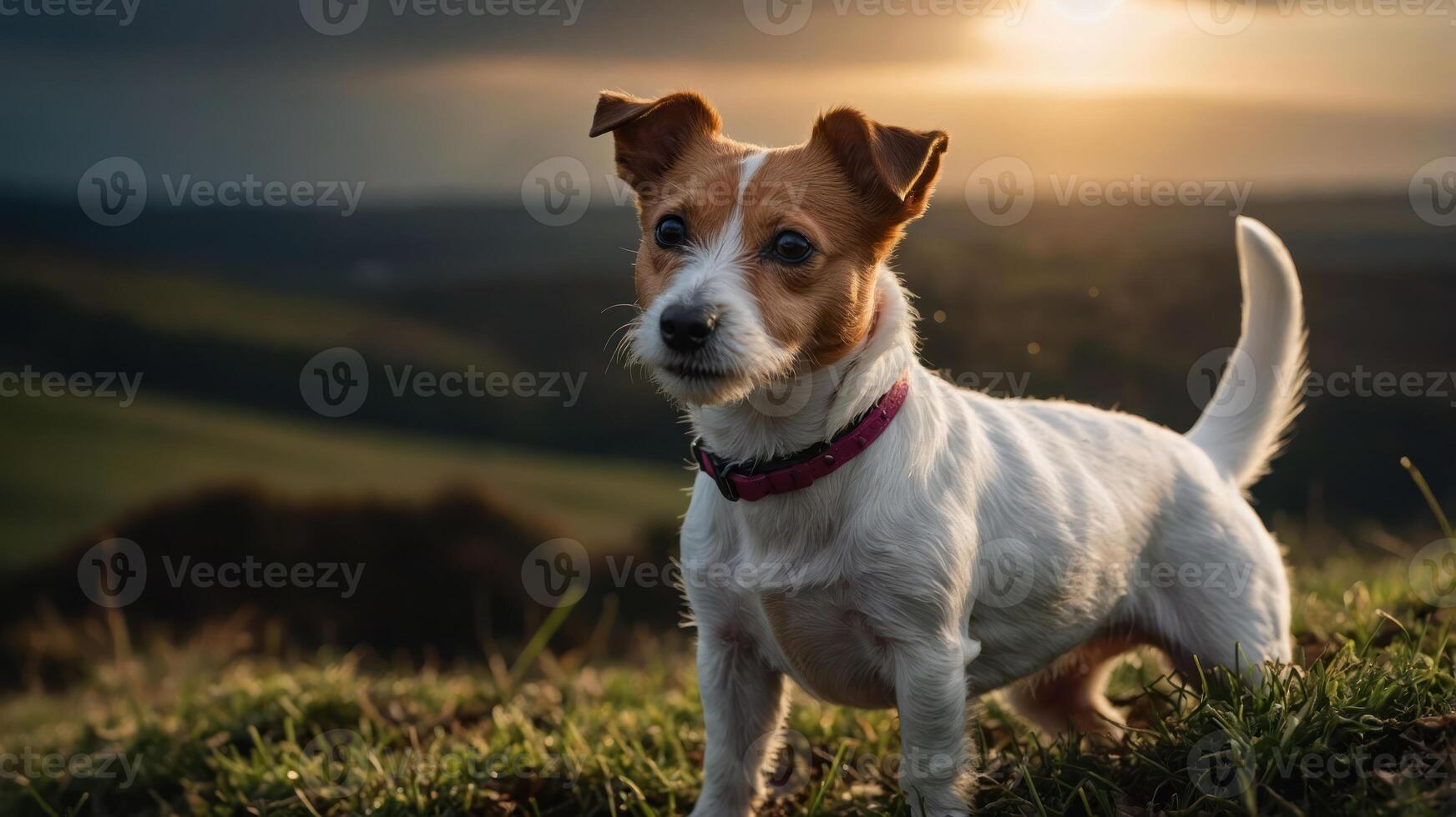 A small dog stands on a grassy hill, with a sunset illuminating the background. photo