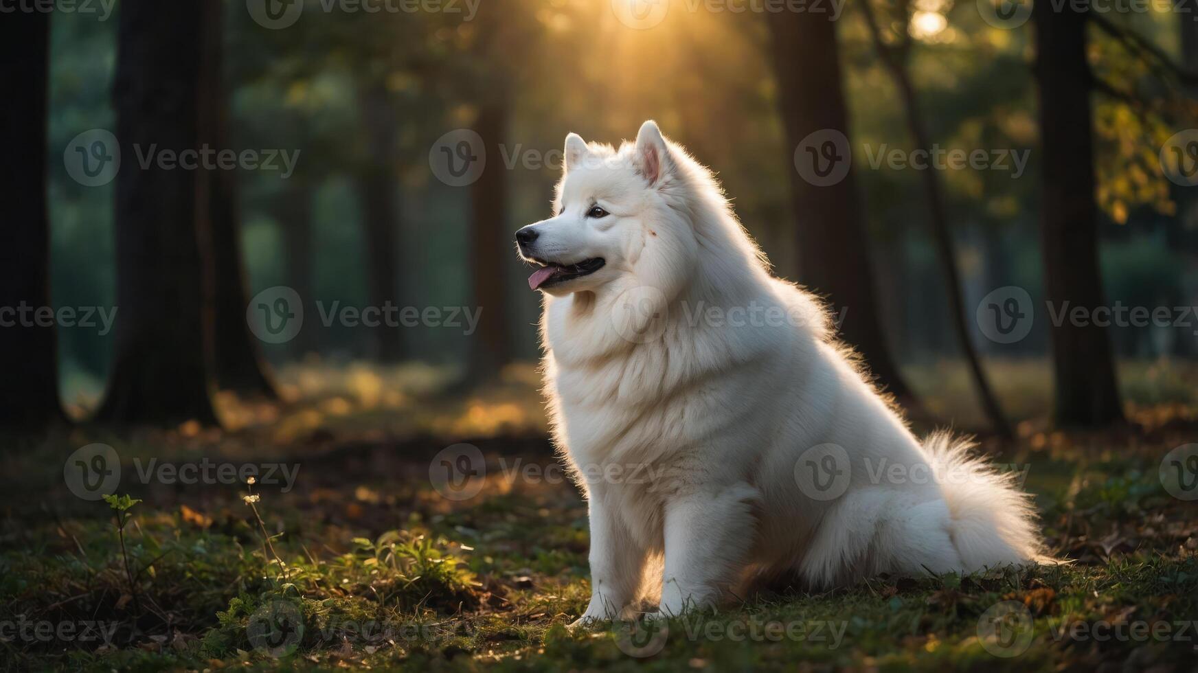 A serene white Samoyed dog sitting in a sunlit forest, surrounded by trees and nature. photo