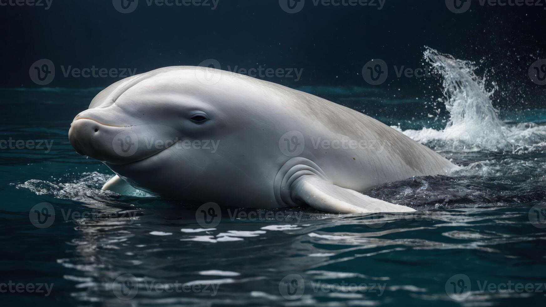 A beluga whale swimming gracefully in calm waters, showcasing its unique features. photo