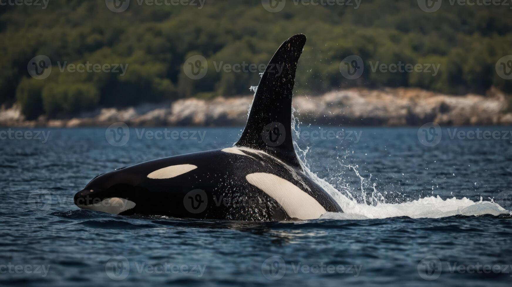 A majestic orca breaching the surface of the water with a lush background. photo
