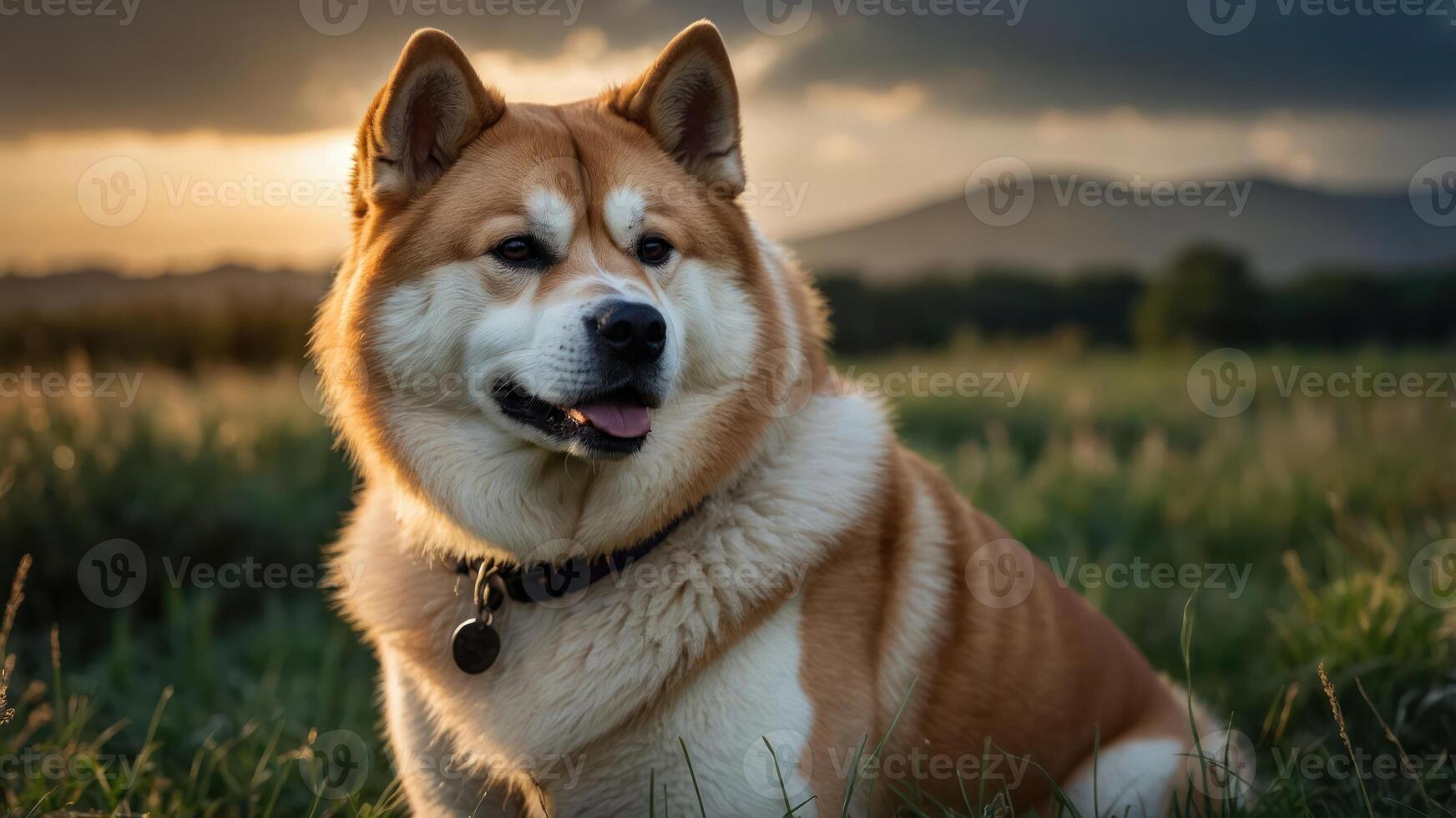 A fluffy dog sitting in a grassy field during sunset, showcasing its friendly demeanor. photo