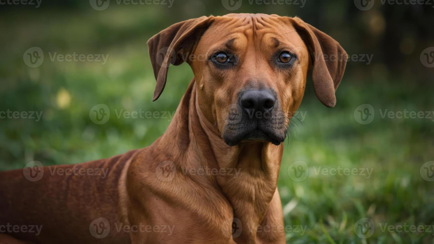 A close-up of a brown dog with expressive eyes, resting on green grass. photo