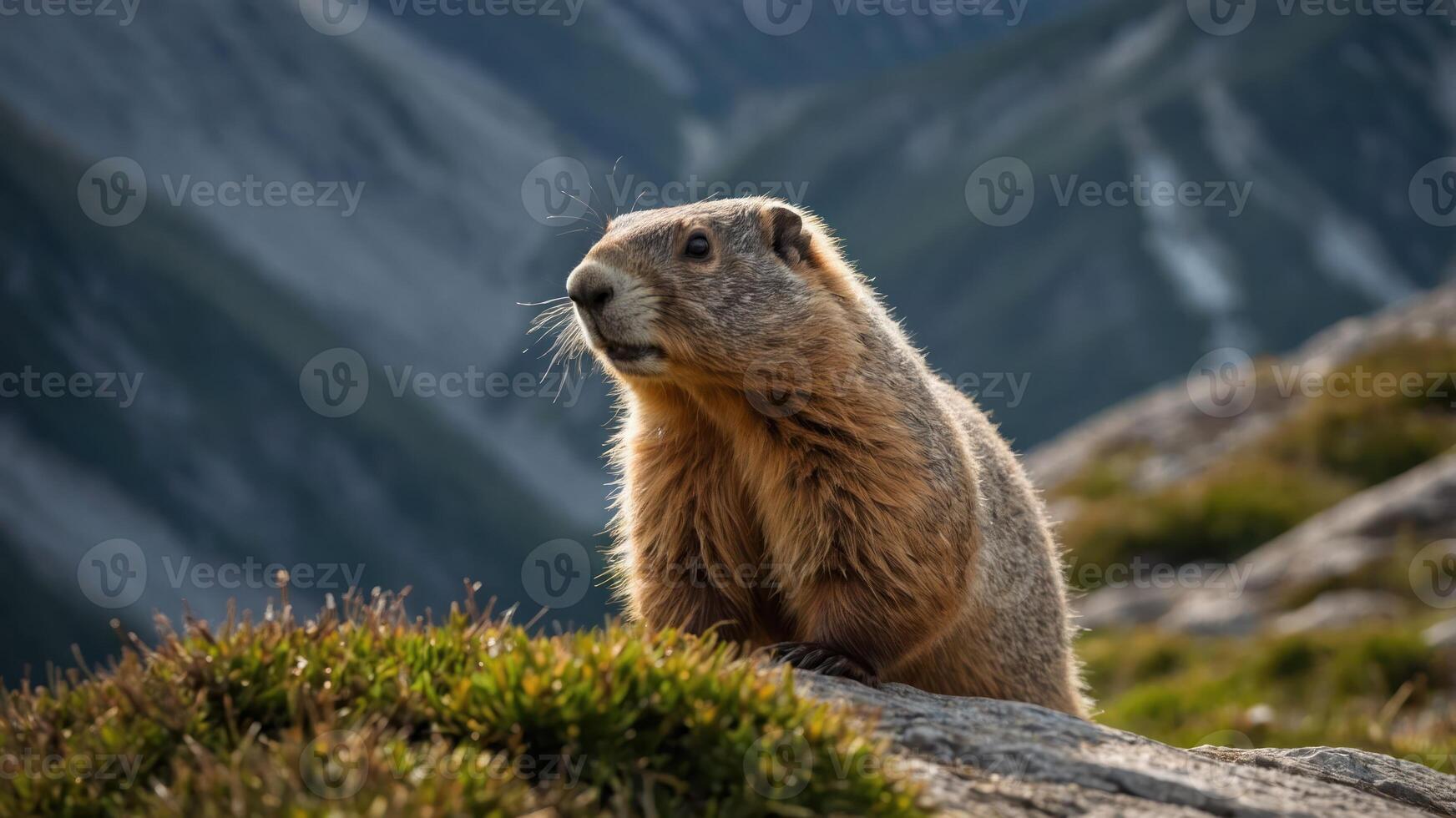 A marmot perched on a rocky surface, set against a mountainous backdrop. photo