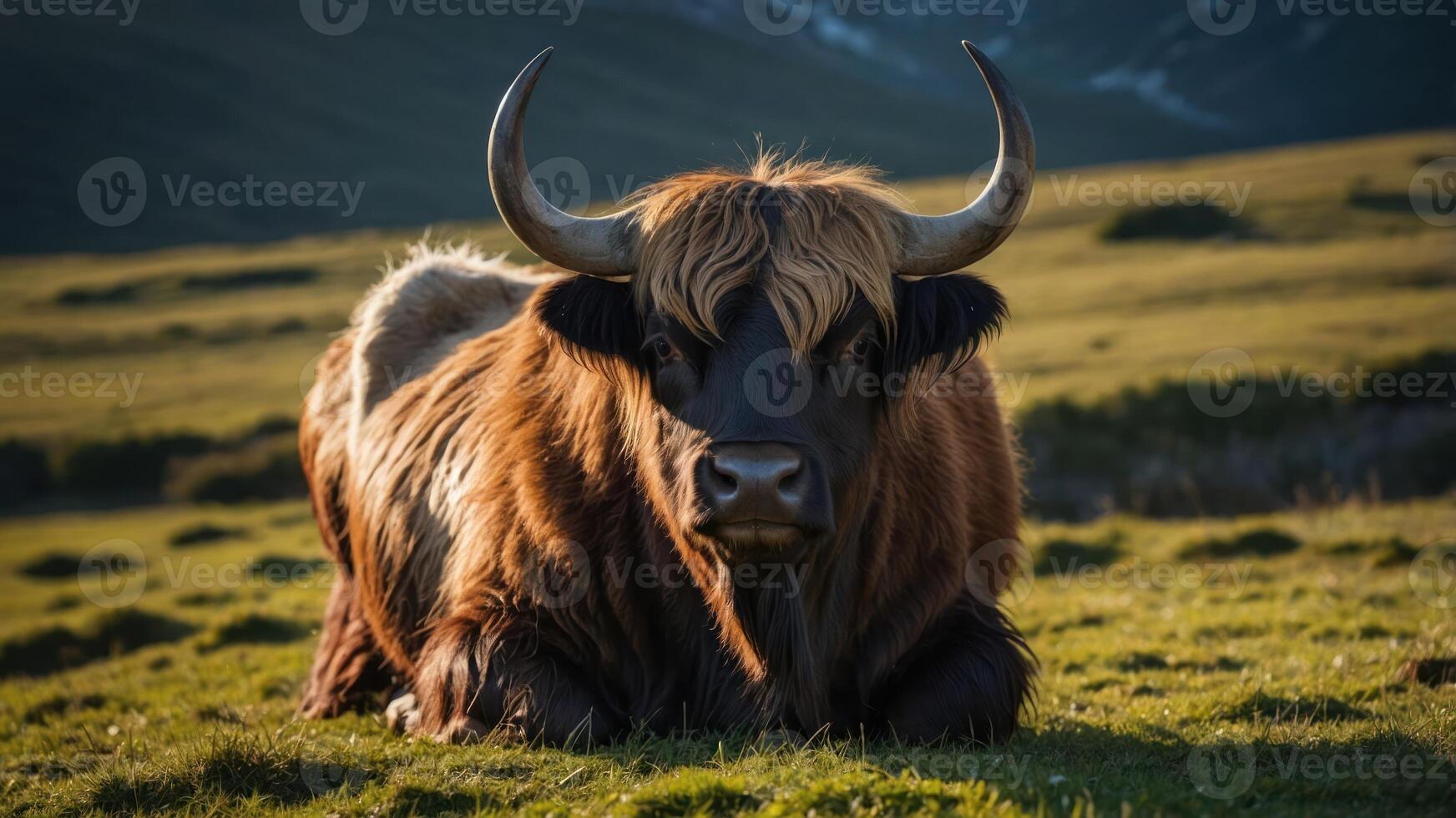 A Highland cow resting in a lush green landscape under soft sunlight. photo