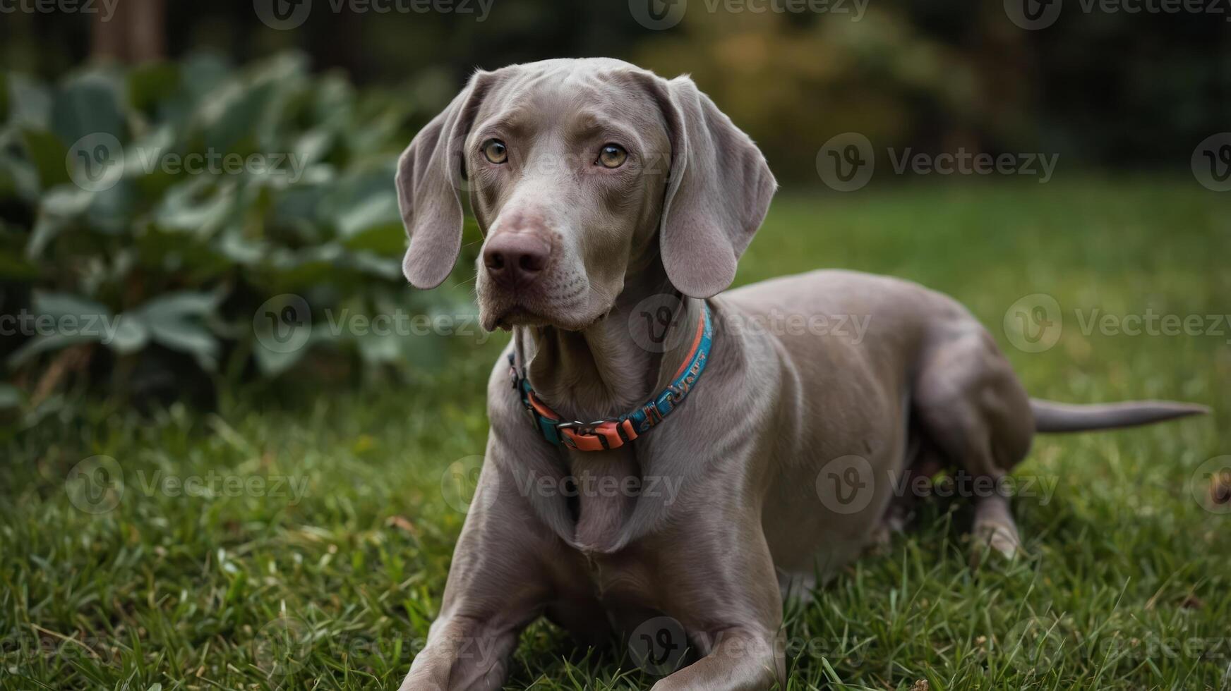 A Weimaraner dog lying on grass, looking curiously at the camera in a natural setting. photo