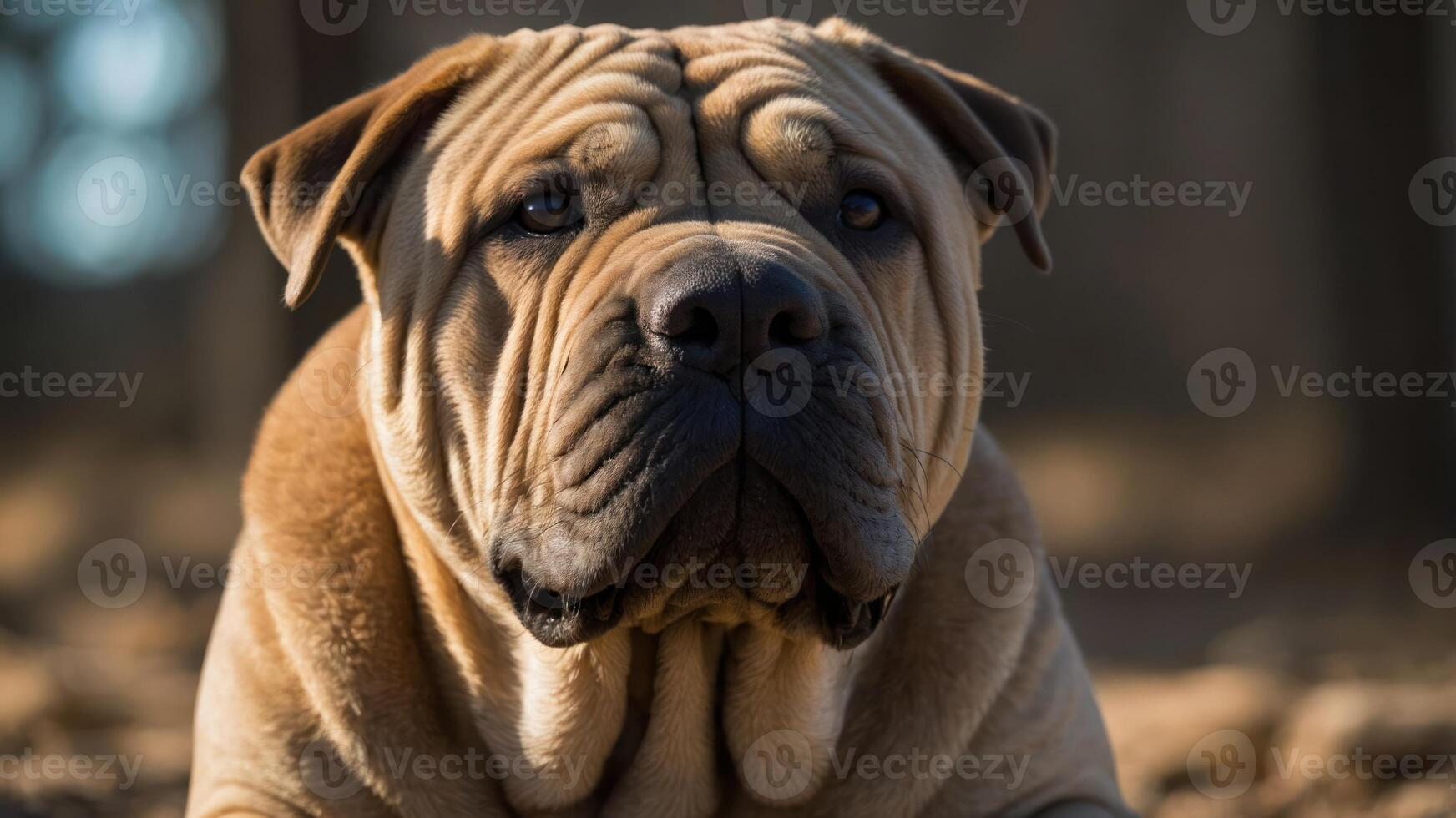 A close-up of a Shar Pei dog showcasing its distinctive wrinkled face and expressive eyes. photo