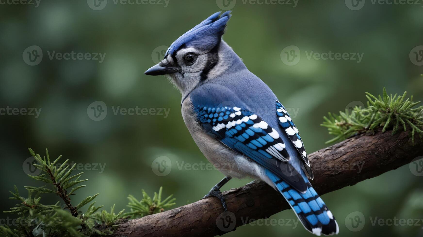 A vibrant blue jay perched on a branch, showcasing its striking plumage in a natural setting. photo