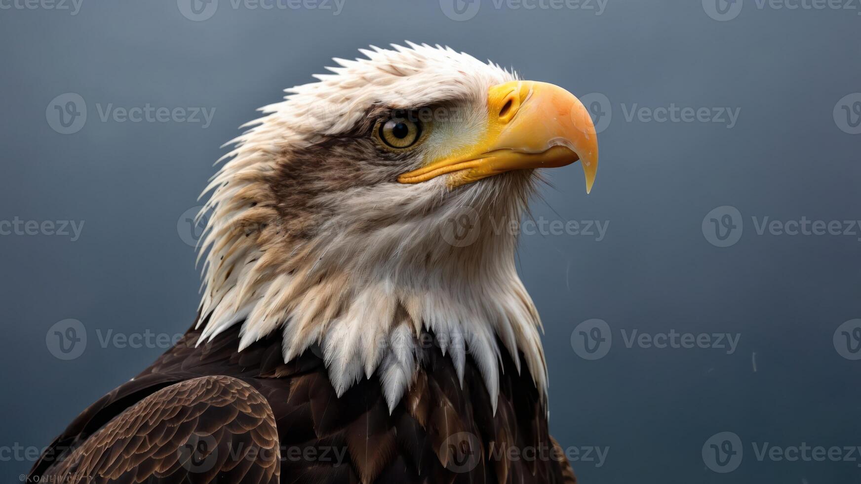 A close-up of a majestic eagle showcasing its sharp features and intense gaze. photo