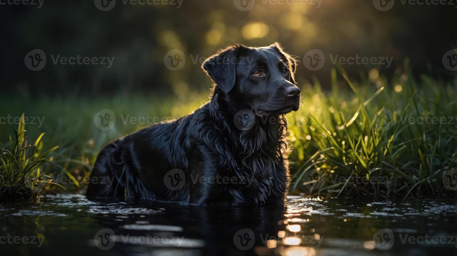 A black dog standing in shallow water, surrounded by grass, illuminated by soft sunlight. photo