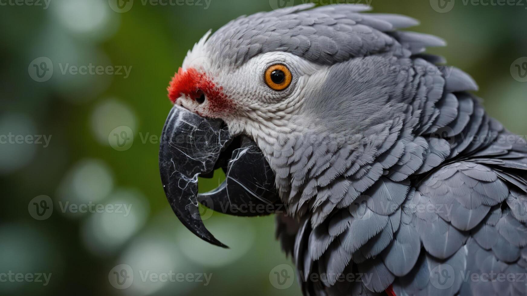 Close-up of a gray parrot showcasing its vibrant feathers and expressive features. photo
