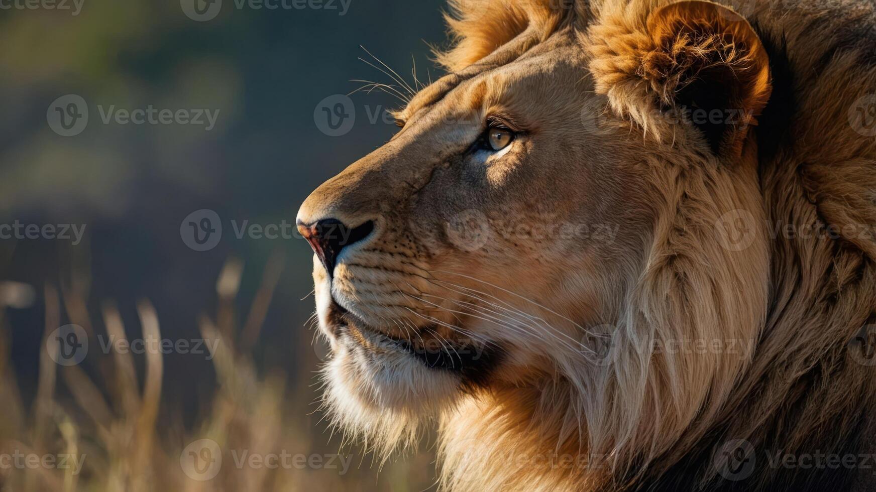 A majestic lion in profile, showcasing its powerful features and serene expression. photo