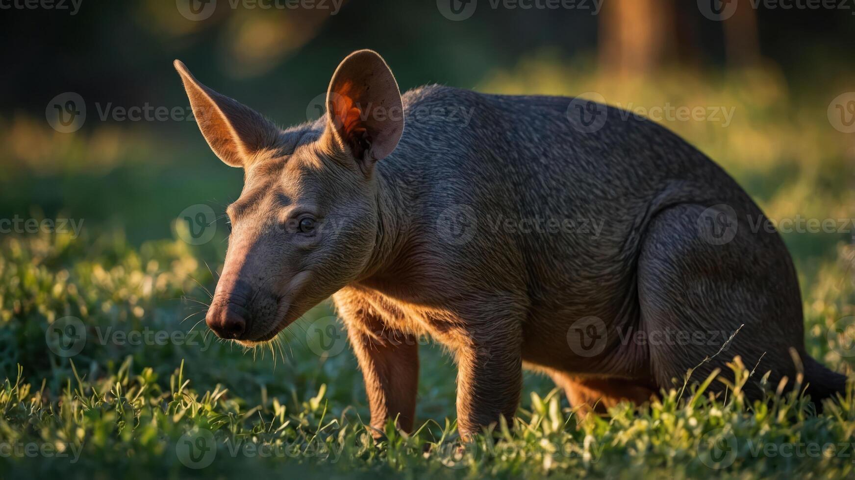 A close-up of an aardvark in a grassy field during golden hour. photo