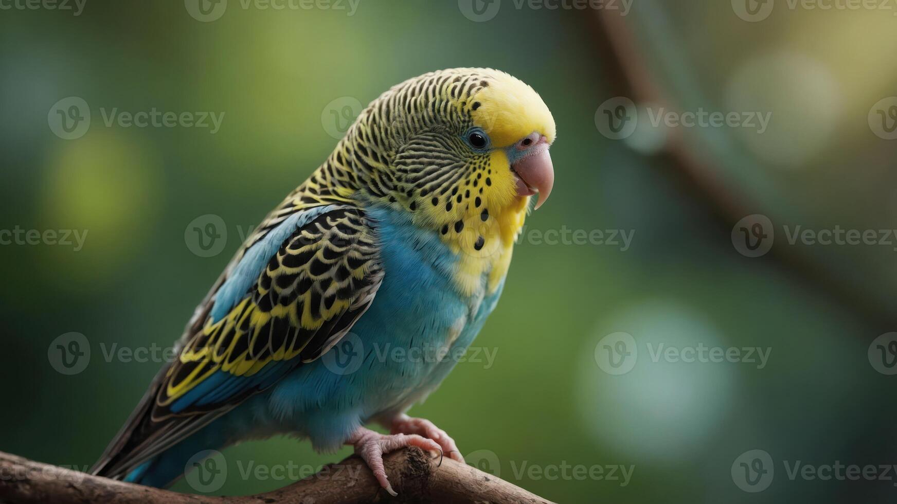 A colorful budgerigar perched on a branch, showcasing its vibrant feathers. photo
