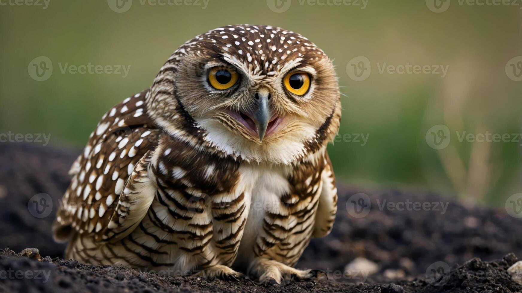 A close-up of a burrowing owl perched on the ground, showcasing its distinctive features. photo