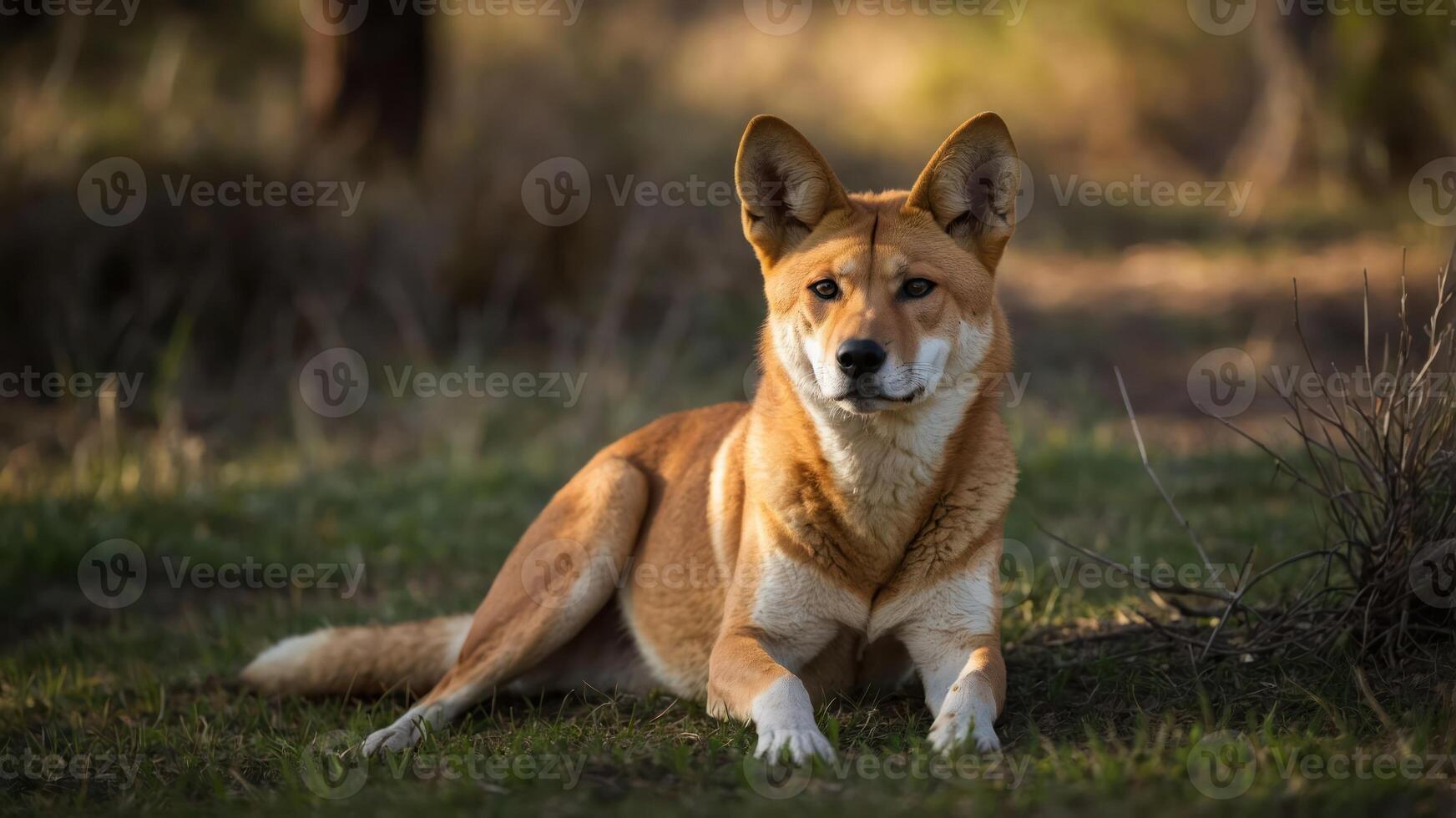 A dingo rests peacefully on the grass, surrounded by a natural landscape. photo