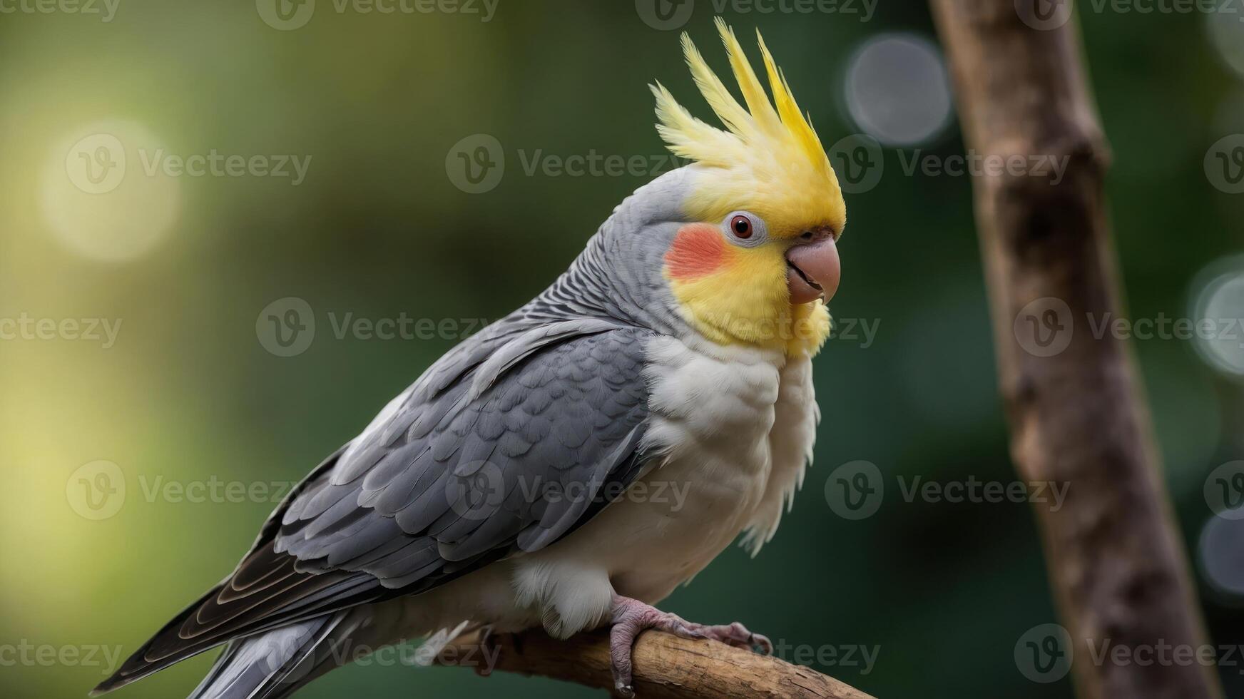 A colorful cockatiel perched on a branch, showcasing its vibrant yellow crest and feathers. photo
