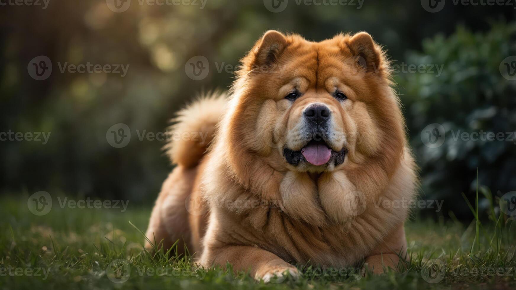 A fluffy Chow Chow dog resting in a grassy area, showcasing its thick fur and friendly demeanor. photo