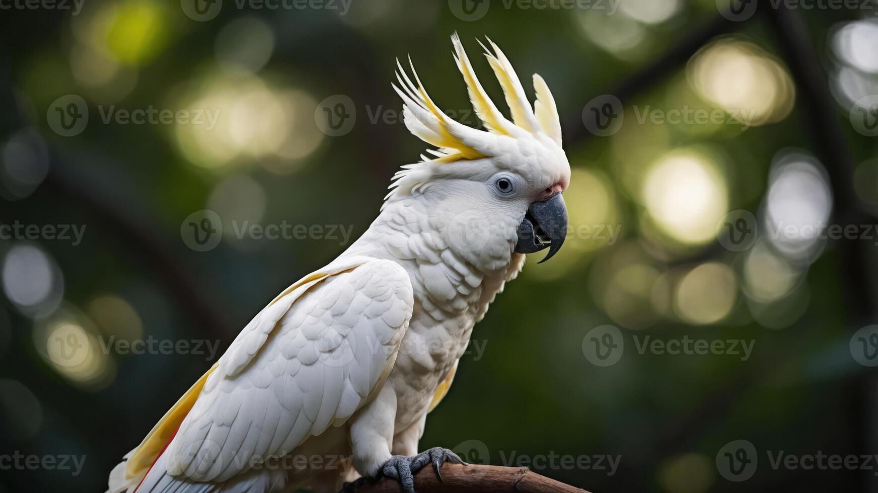 A white cockatoo with a yellow crest perched on a branch, surrounded by a blurred green background. photo