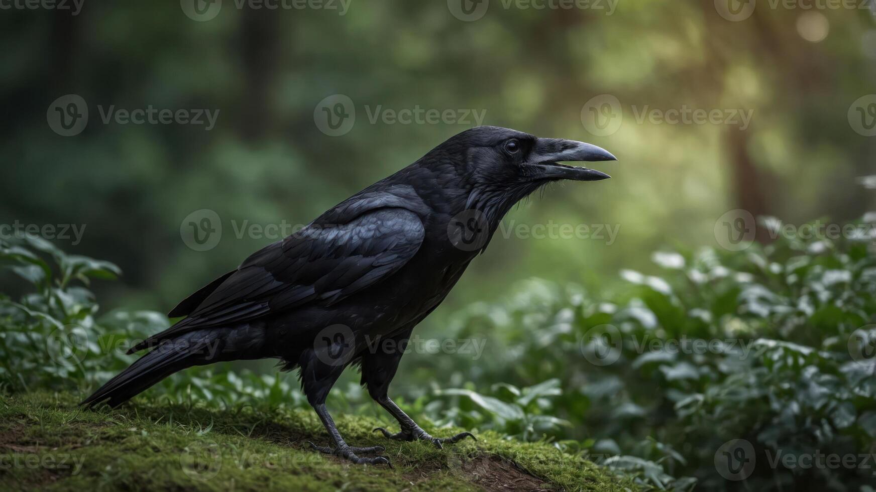 A raven perched on mossy ground in a lush, green forest setting. photo
