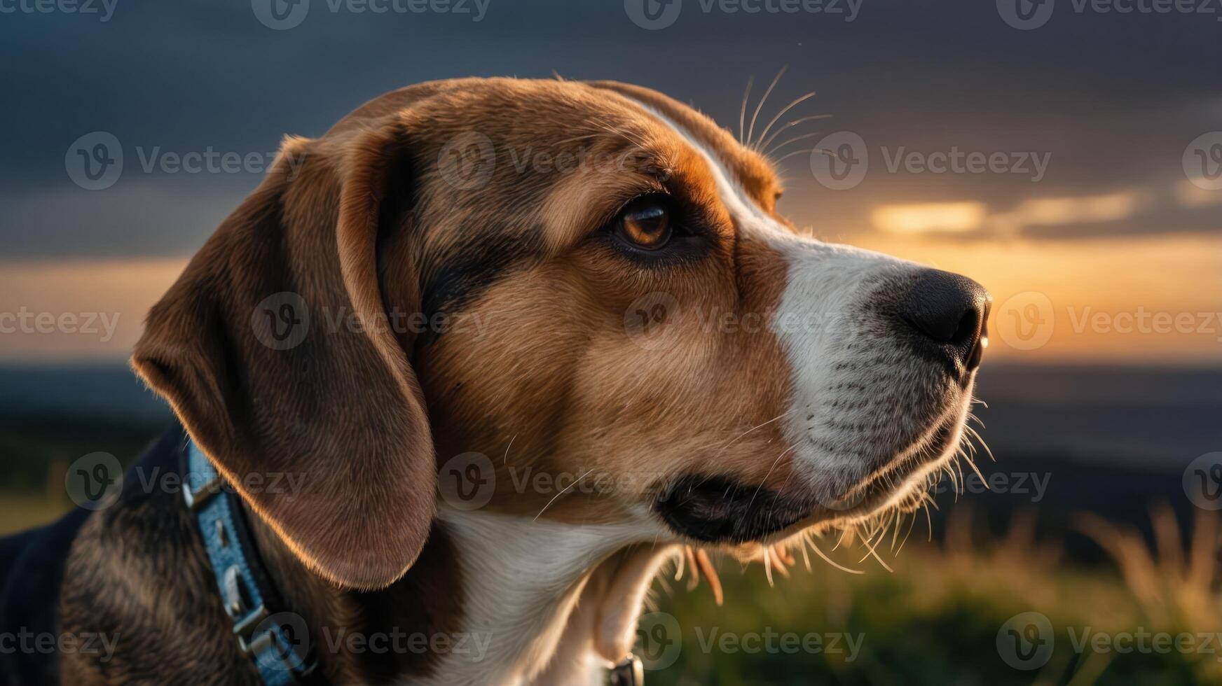 A close-up of a beagle's profile against a sunset backdrop, highlighting its expression. photo