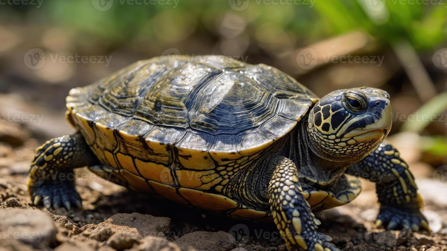 A close-up of a turtle on a rocky surface, showcasing its intricate shell patterns. photo