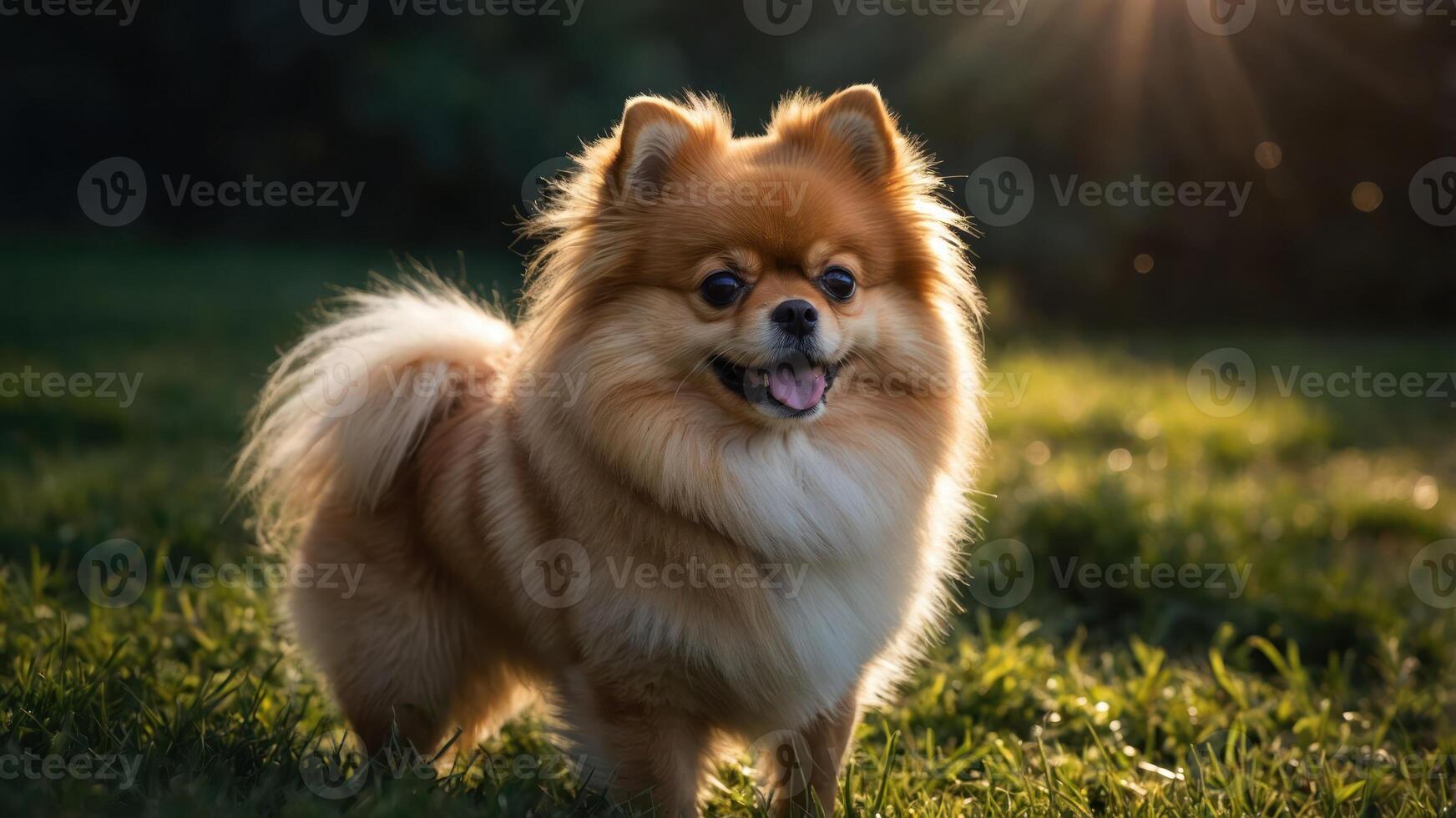 A cheerful Pomeranian dog stands in a sunlit grassy area, exuding happiness and playfulness. photo