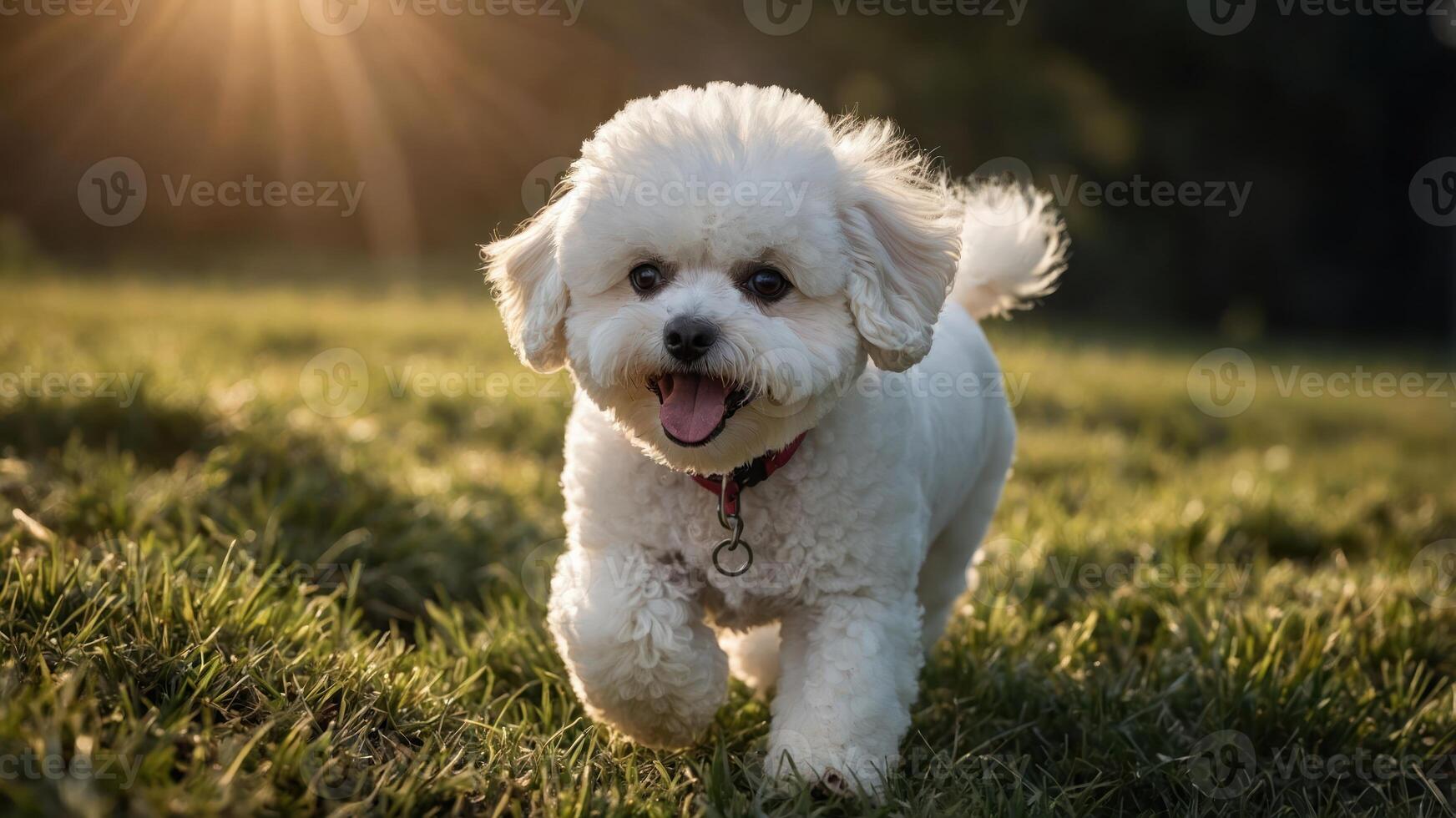 A joyful small white dog running in a sunlit grassy field. photo