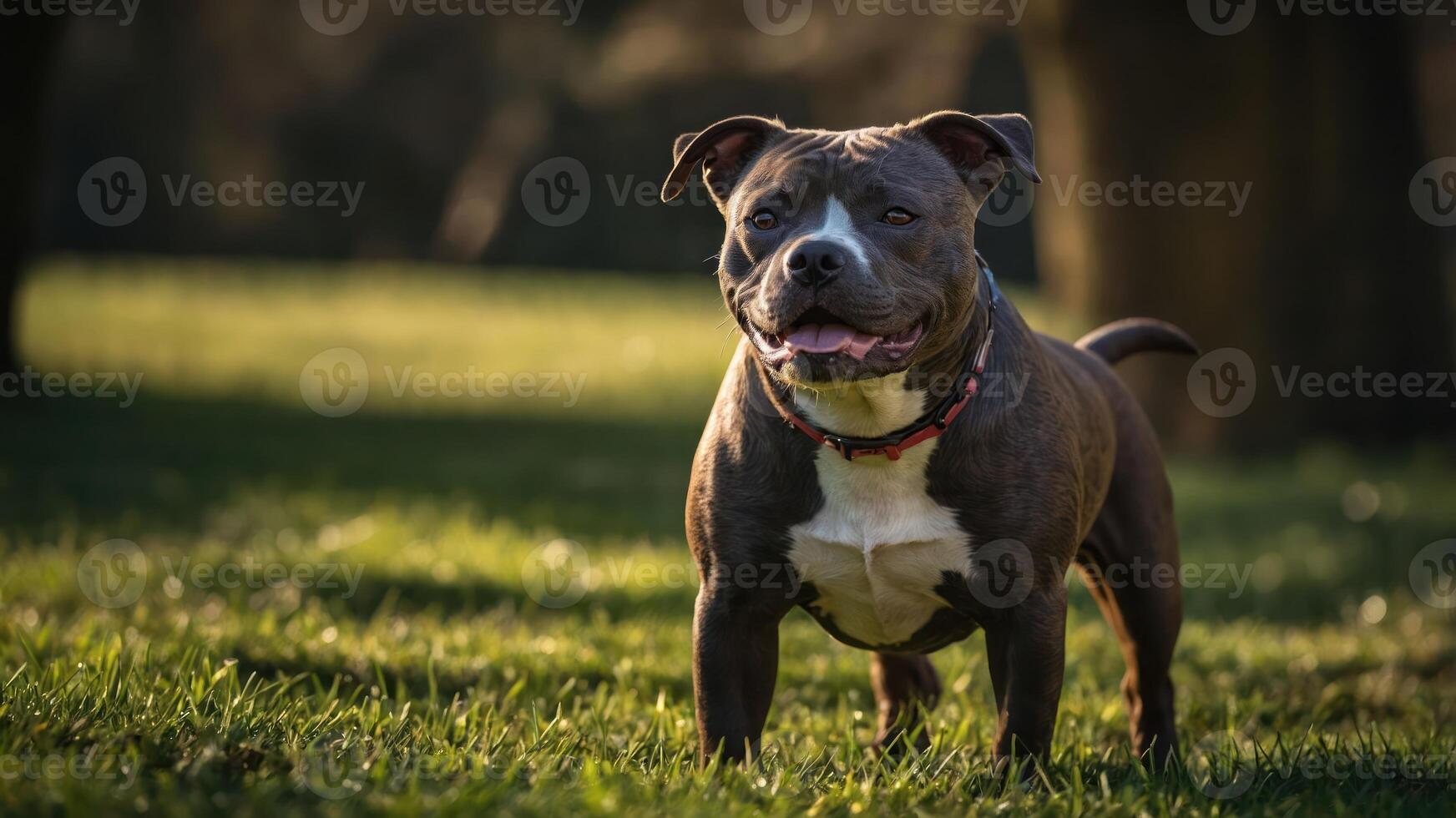 A happy dog standing in a sunlit grassy field, showcasing its playful demeanor. photo