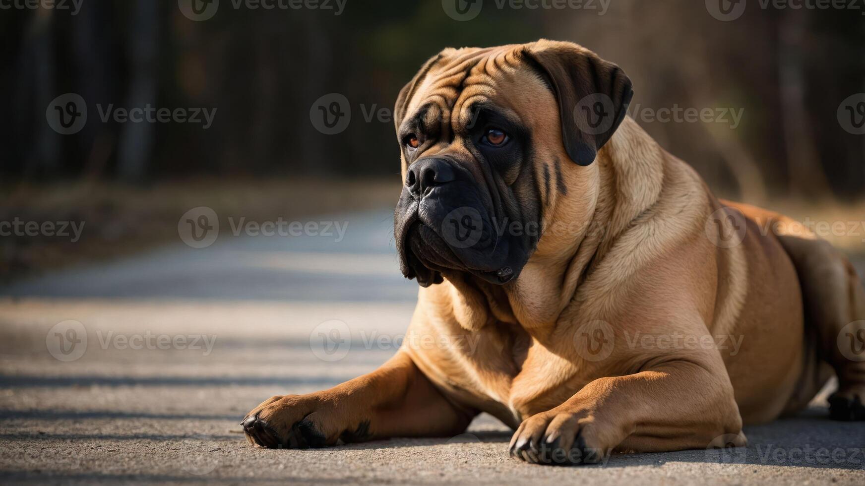 A relaxed dog lying on a path in a natural setting. photo