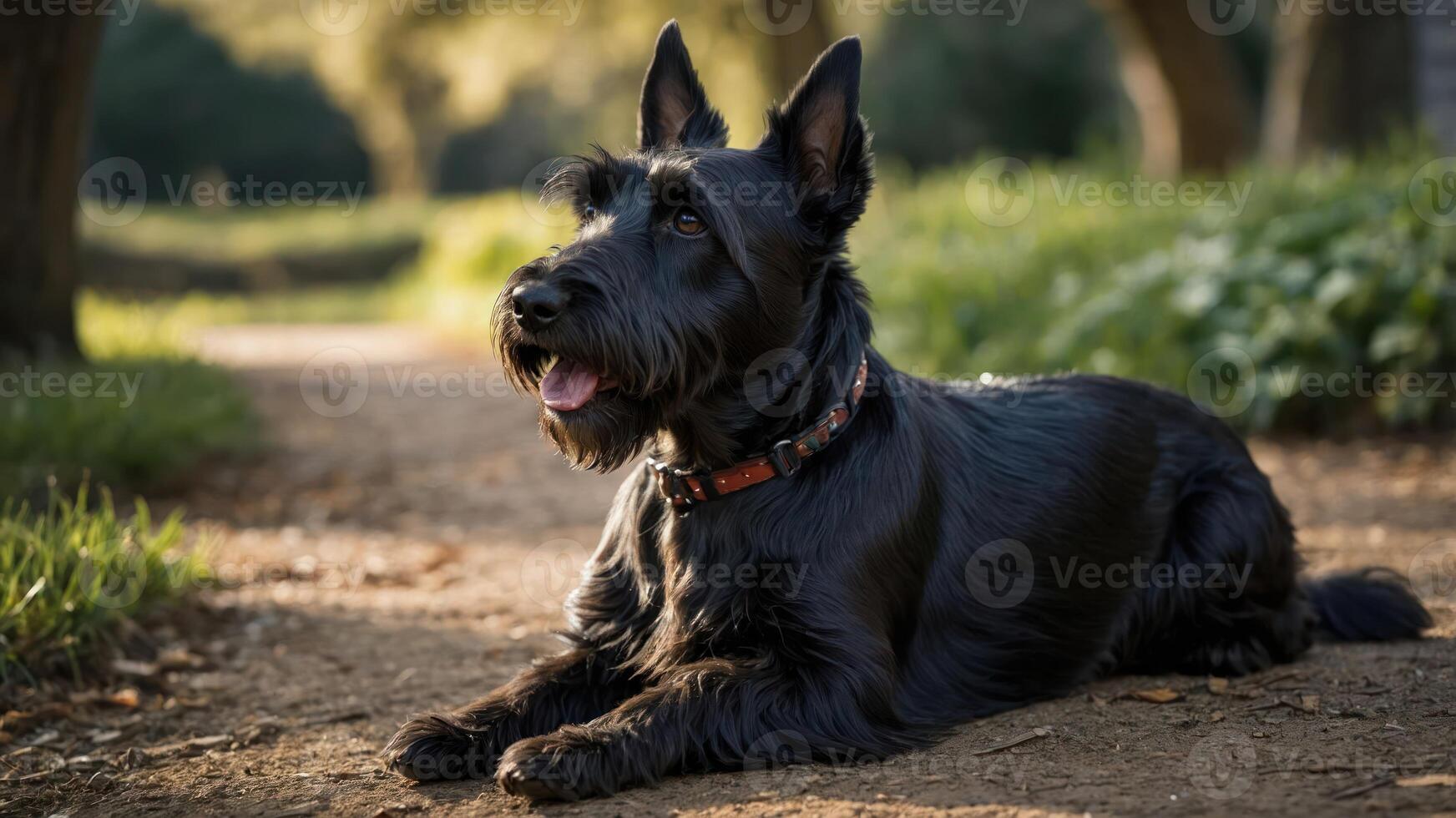 A black dog resting on a path in a sunlit park setting. photo