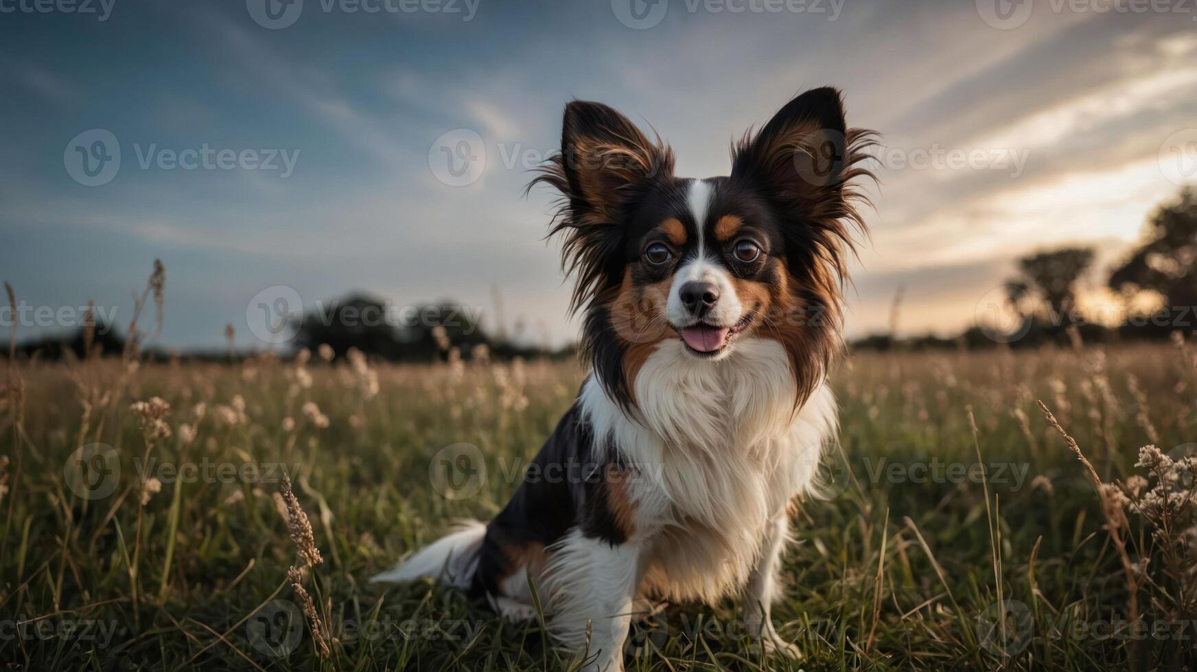 A happy dog sitting in a grassy field during sunset, showcasing its playful spirit. photo