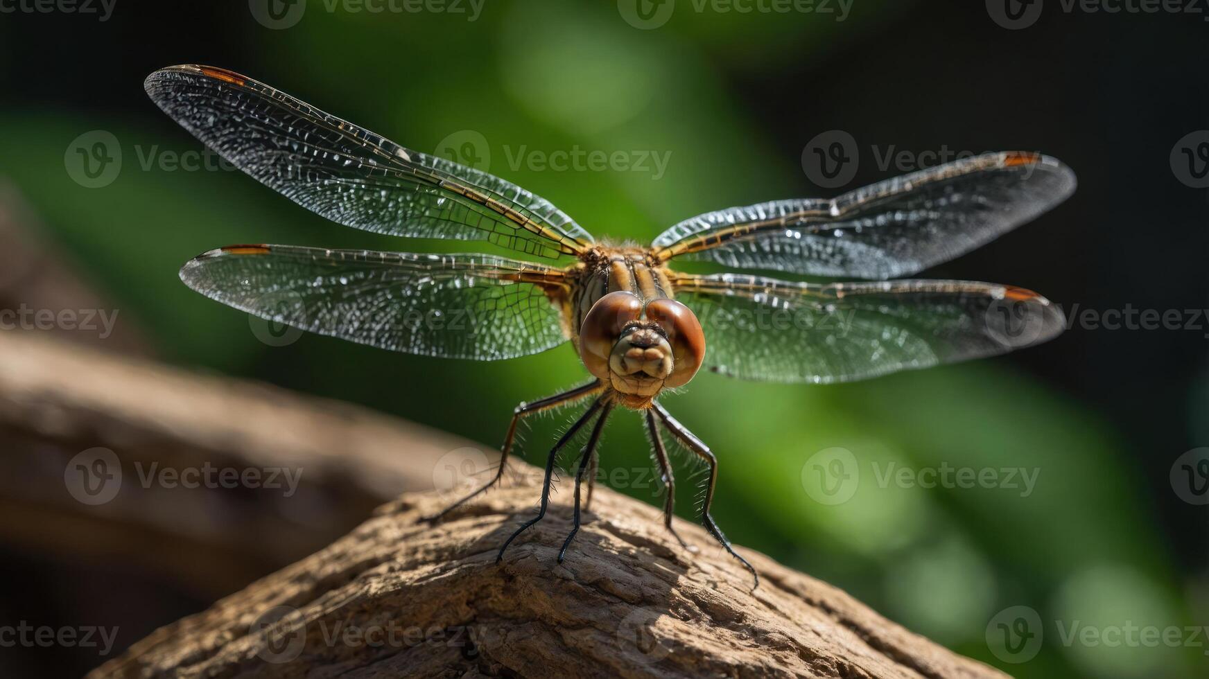 A close-up of a dragonfly perched on a branch, showcasing its intricate wings and body. photo