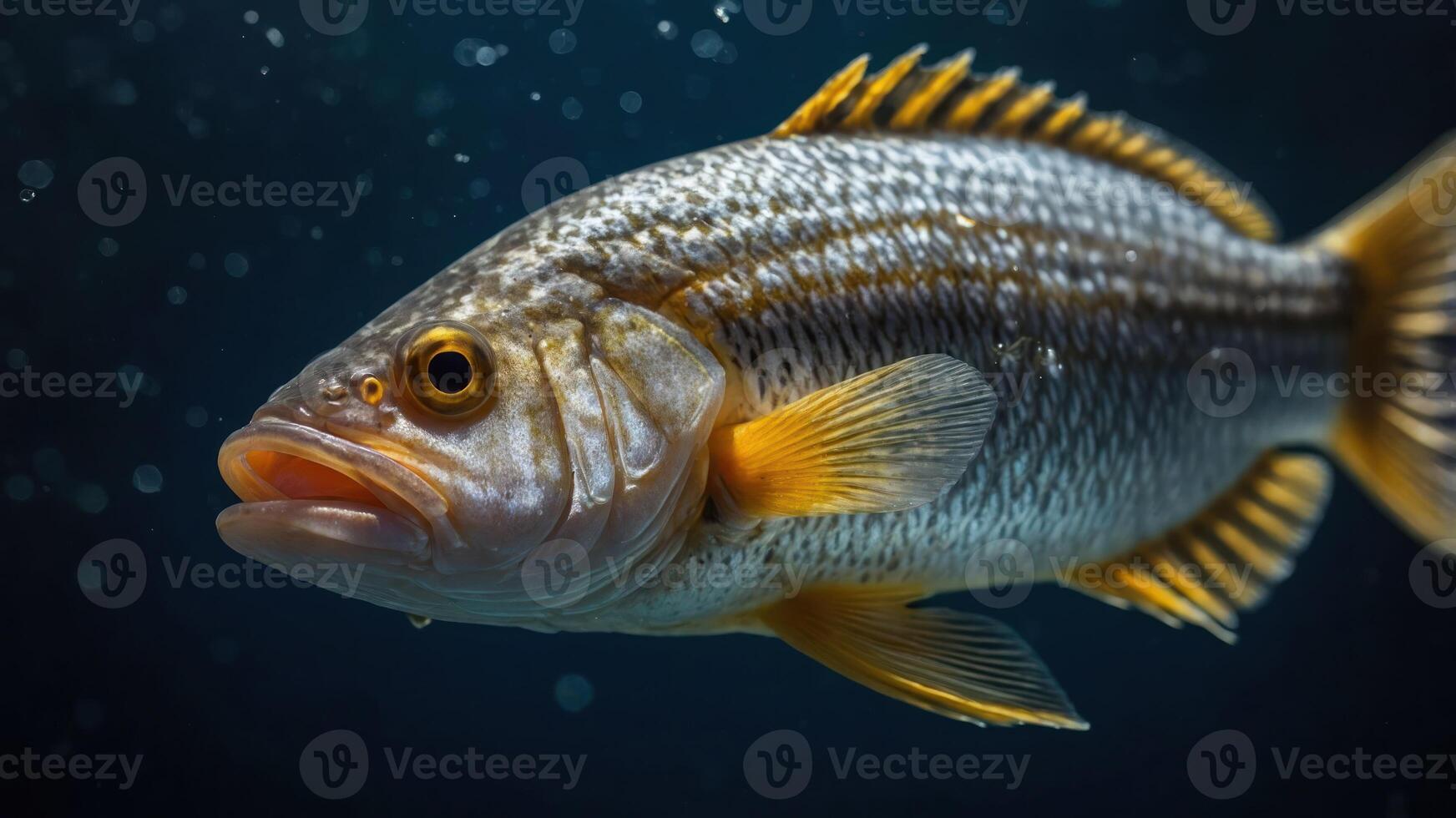A close-up of a vibrant fish swimming underwater, showcasing its detailed features. photo