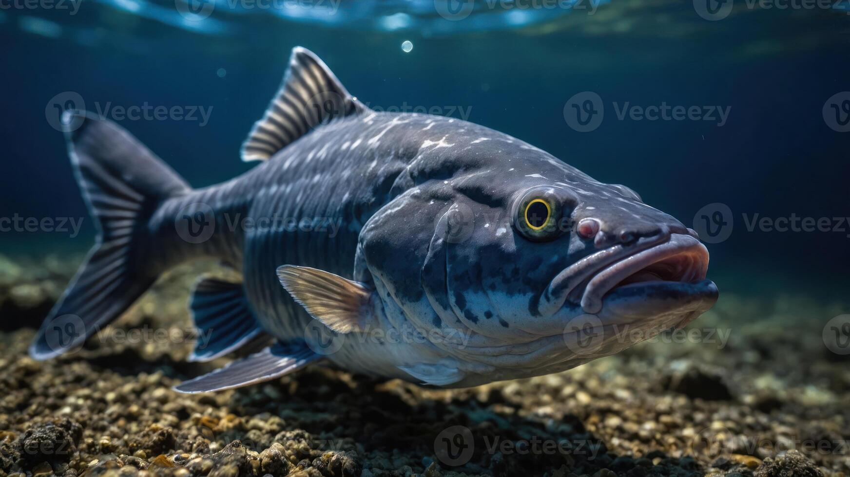 A close-up of a fish swimming in clear water over a sandy seabed. photo