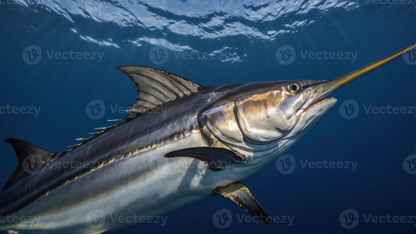 A close-up of a marlin swimming in deep blue water, showcasing its streamlined body and bill. photo