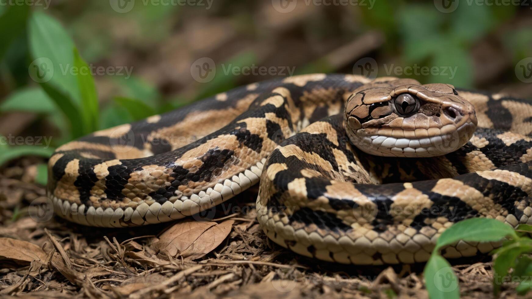 A close-up of a coiled snake resting on the forest floor among leaves and greenery. photo
