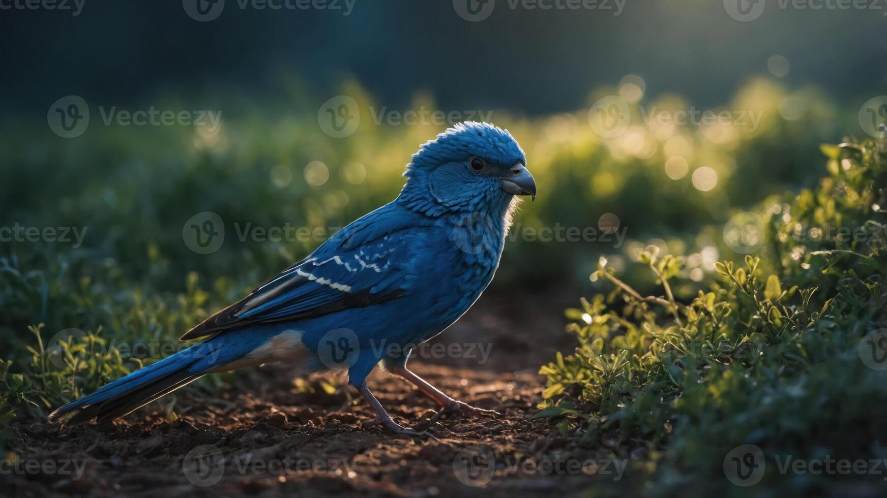 A blue bird walking on a grassy path illuminated by soft sunlight. photo